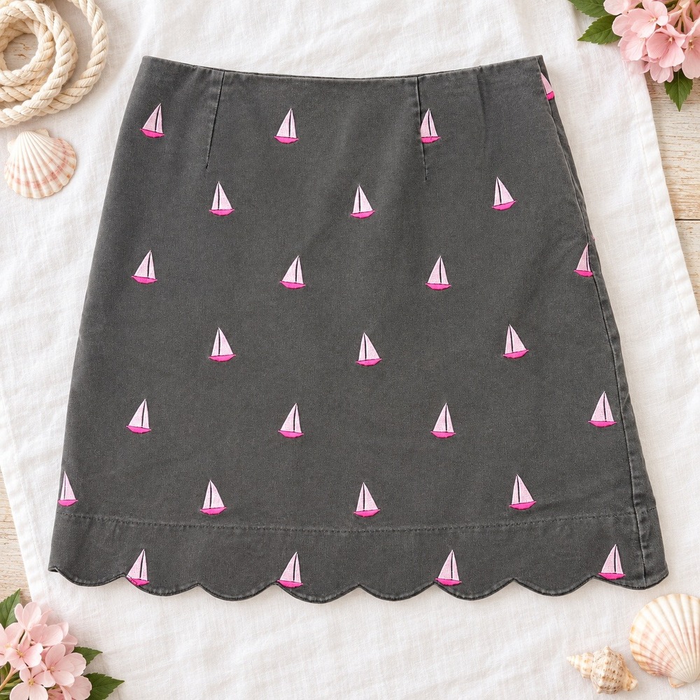 Lilly Pulitzer Skirt Sailboat Embroidered Scallop Hem 8 black Pink Preppy